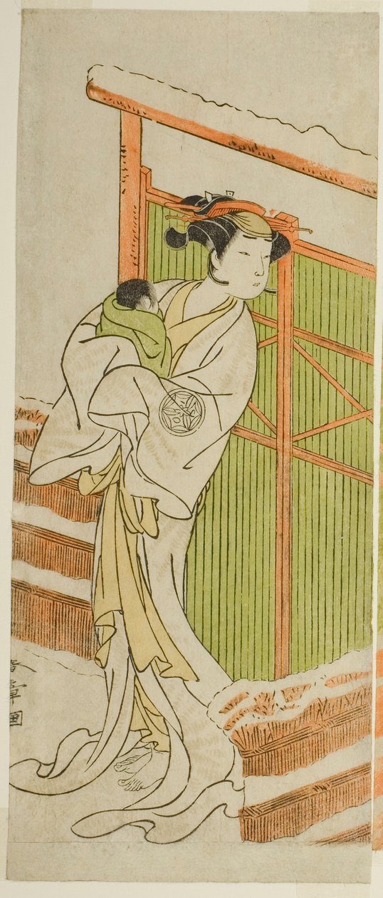 Skuespilleren Yamashita Kinsaku II som Moshio i stykket Izu-goyomi Shibai no Ganjitsu, opført på Morita Theatre i den ellevte måned, 1772 af Katsukawa Shunsho