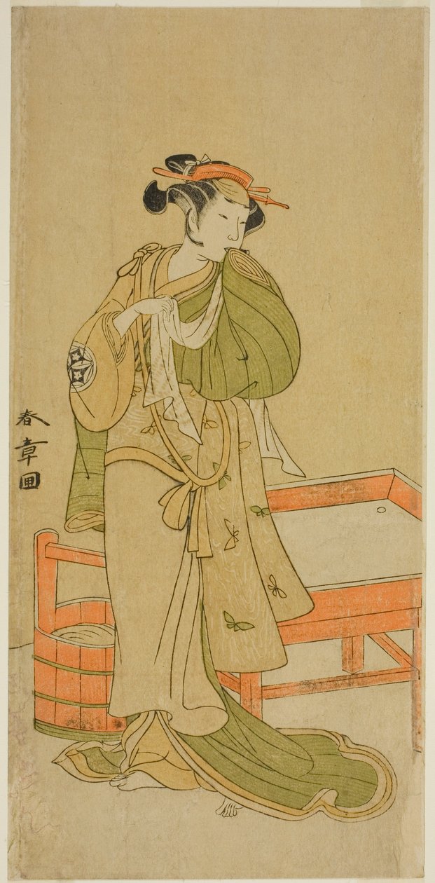 Skuespilleren Yamashita Kinsaku II som Moshio i stykket Izu-goyomi Shibai no Ganjitsu, opført på Morita Theatre i den ellevte måned, 1772 af Katsukawa Shunsho