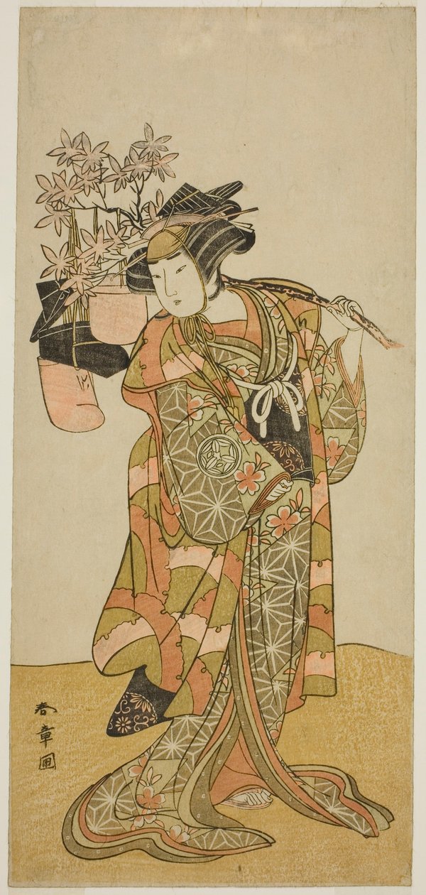 Skuespilleren Yamashita Kinsaku II som Odai, en Eboshi (hatte)-sælger, i skuespillet Hana-zumo Genji Hiiki, opført på Nakamura Theatre i den ellevte måned, 1775 af Katsukawa Shunsho