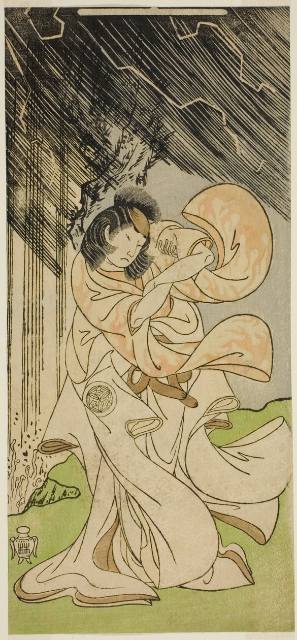 Skuespilleren Yamashita Kinsaku II som en tordengudinde i stykket Onna Narukami, opført på Morita Theatre i den første måned, 1770 af Katsukawa Shunsho