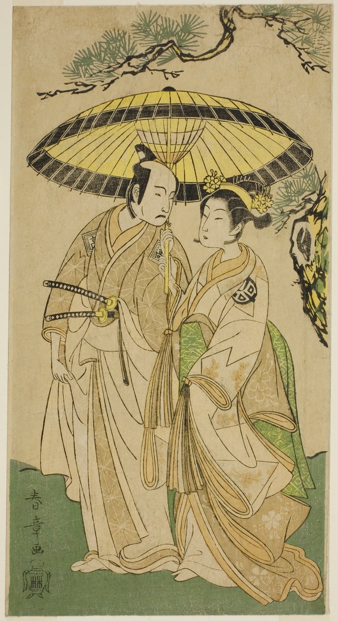 Skuespillerne Arashi Hinaji I (til højre) og Ichikawa Komazo II (til venstre), som prinsesse Sakura (Sakura Hime) (?) og Shimizu Tonoinosuke (?), i stykket Soga Moyo Aigo no Wakamatsu (?), opført på Nakamura Teater (?) i den tredje måned, 1769 (?) af Katsukawa Shunsho