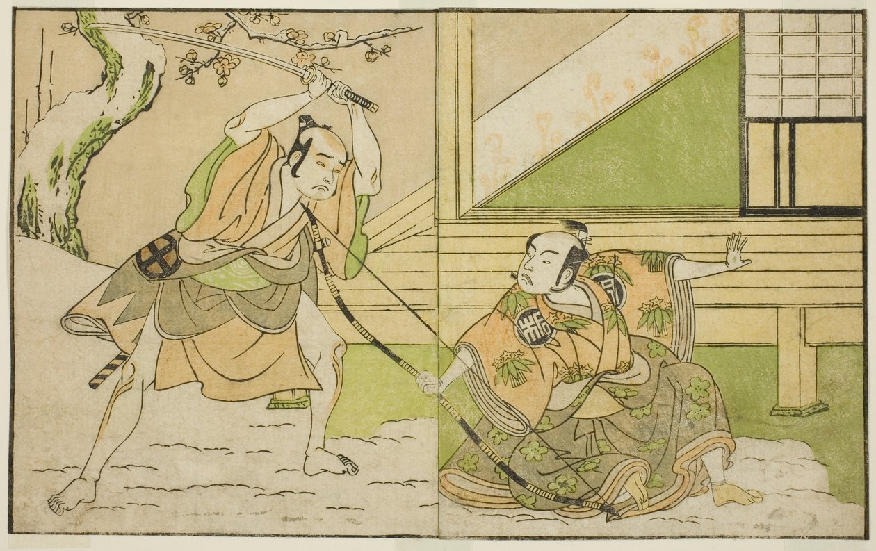 Skuespillerne Arashi Sangoro II som Hojo Tokiyori (til højre) og Otani Hiroji III som Koga Saburo (til venstre), i skuespillet Kono Hana Yotsugi no Hachi no Ki, opført på Ichimura Theatre i den ellevte måned, 1771 af Katsukawa Shunsho