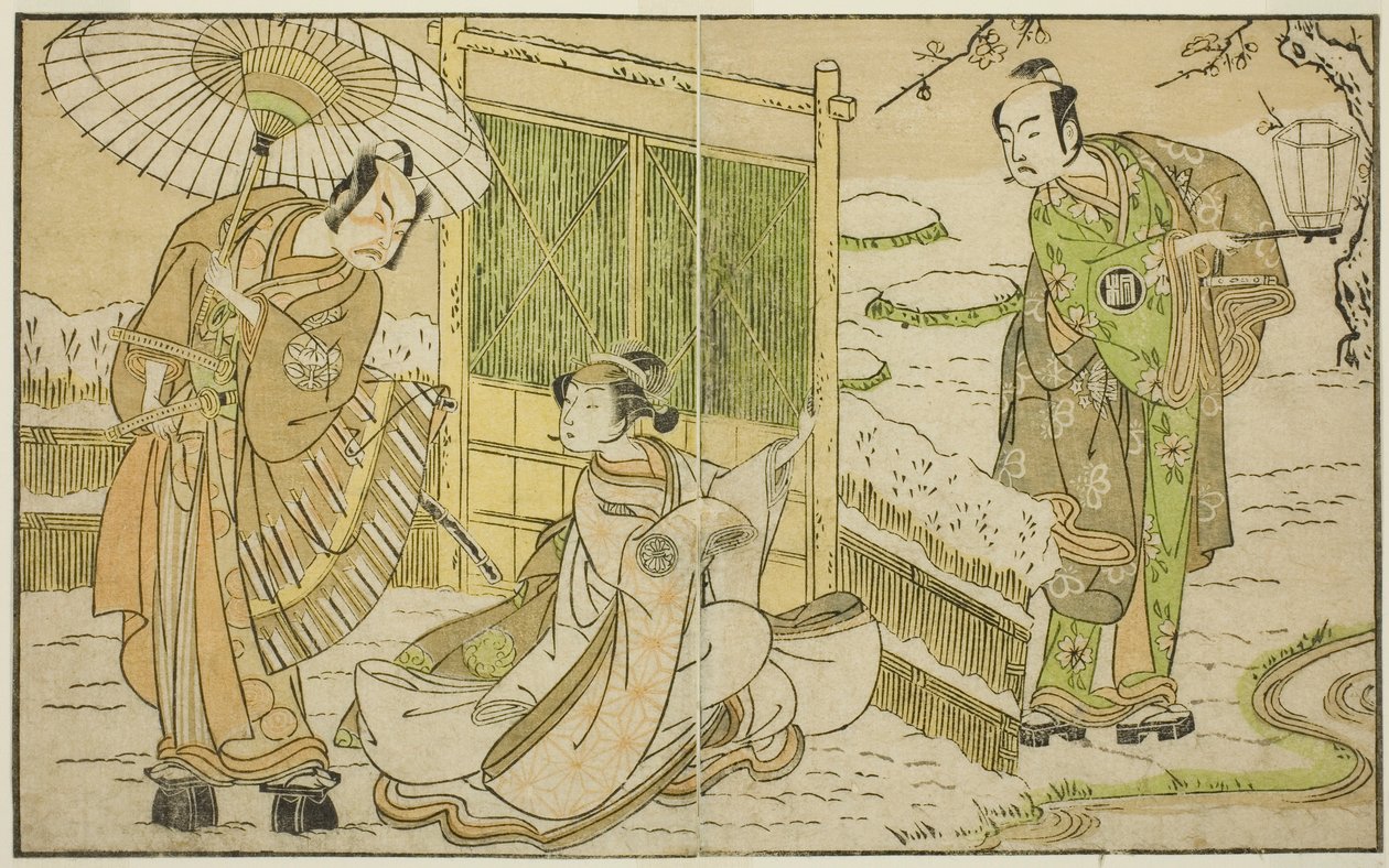 Skuespillerne Arashi Sangoro II som Minamoto no Yoritomo (til højre), Segawa Kikunojo II som Yuki Onna (i midten), og Ichimura Uzaemon IX som Kajiwara Genta no Kagetoki, i stykket Myoto-giku Izu no Kisewata, opført på Ichimura Theatre i ellevte måned, af Katsukawa Shunsho