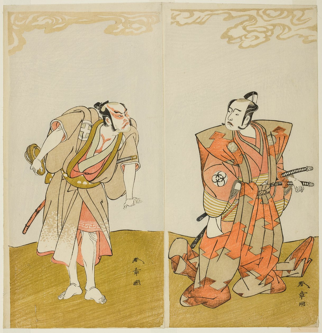 Skuespillerne Bando Mitsugoro I som Hata no Kawakatsu (til højre) og Otani Hiroemon III som tjeneren (Yakko) Gansuke (venstre), i stykket Miya-bashira Iwao no Butai (Shrine Pillars on a Stone Base), opført på Morita Teater fra den femtende dag t af Katsukawa Shunsho