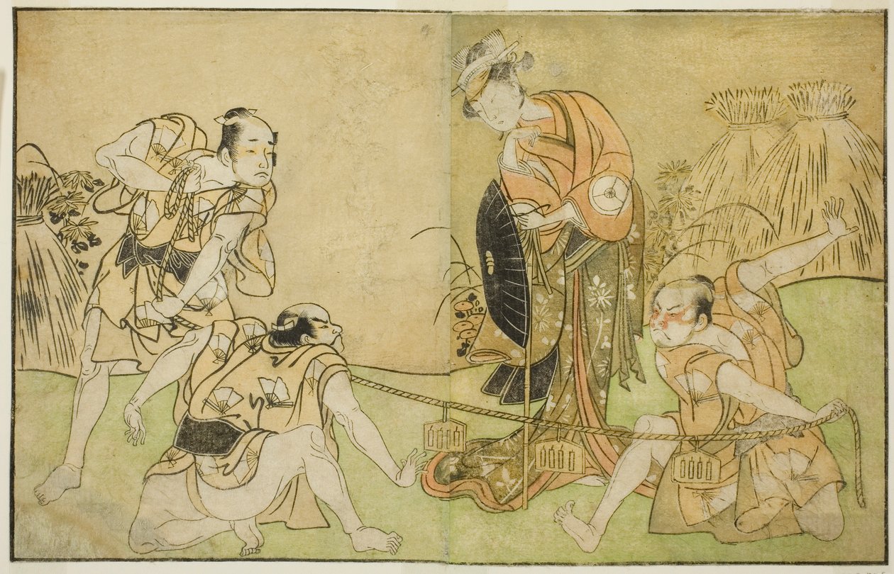 Skuespillerne Bando Zenji I som Nagahashi Saburo, Iwai Hanshiro IV som Otatsu-gitsune, Nakamura Konozo som Hagai Ujitsune og en uidentificeret skuespiller (højre mod venstre), i Play Nue no Mori Ichiyo no Mato, opført på Nakamura Theatre i ellevte måned, af Katsukawa Shunsho