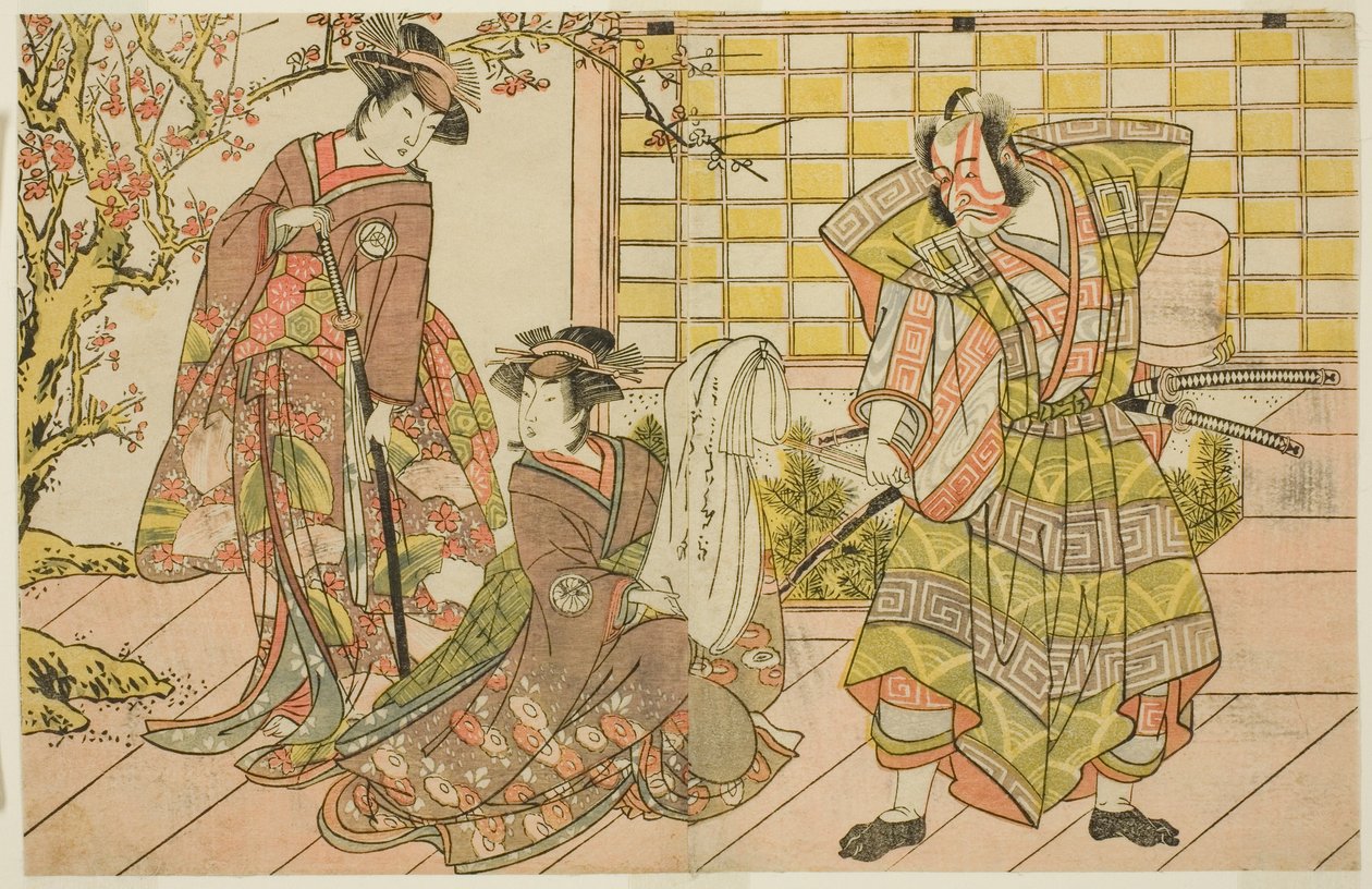 Skuespillerne Ichikawa Danjuro V som Miura Kunitae (til højre), Segawa Kikunojo III som Yasukata (i midten), og Iwai Hanshiro IV som Utou (til venstre), i skuespillet Godai Genji Mitsugi no Furisode, opført på Nakamura Theatre i den ellevte måned, 1782 af Katsukawa Shunsho