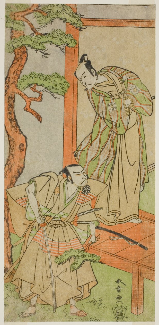 Skuespillerne Ichikawa Danjuro V som Momonoi Wakasanosuke (til højre) og Nakamura Nakazo I som Kakogawa Honzo (til venstre), i skuespillet Kanadehon Chushingura, opført på Nakamura Theatre i den femte måned, 1771 af Katsukawa Shunsho