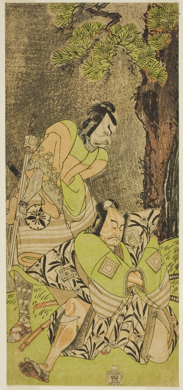 Skuespillerne Ichikawa Danzo III som I no Hayata Tadazumi (til højre) og Matsumoto Koshiro II som Osada no Taro Kagemune (venstre), i Play Nue no Mori Ichiyo no Mato, opført på Nakamura Theatre i den ellevte måned, 1770 af Katsukawa Shunsho