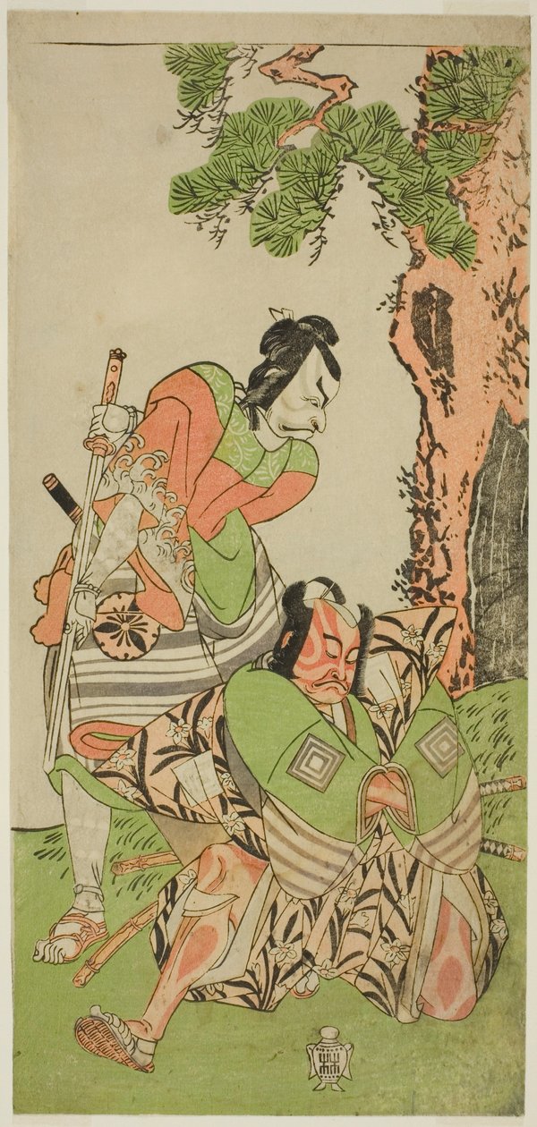 Skuespillerne Ichikawa Danzo III som I no Hayata Tadazumi (til højre) og Matsumoto Koshiro II som Osada no Taro Kagemune forklædt som Yatsurugi Zaemon (til venstre), i stykket Nue no Mori Ichiyo no Mato, opført på Nakamura Theatre i den ellevte måned , 177 af Katsukawa Shunsho