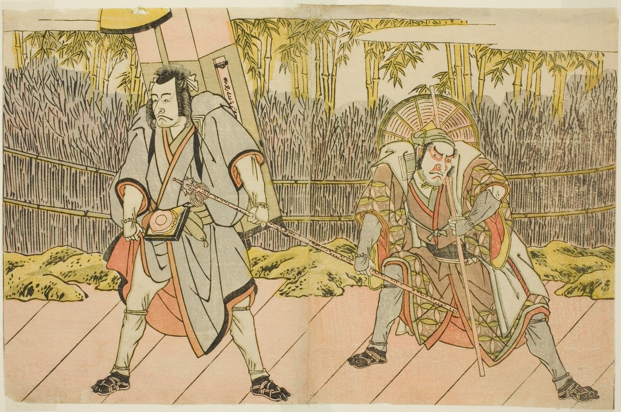 Skuespillerne Ichikawa Danzo IV som Arakawa Taro Takesada forklædt som Palanquin-bæreren Tarobei (til højre), og Ichikawa Danjuro V som Abe no Sadato forklædt som pilgrimmen Kuriyagawa Jirodayu (til venstre), i skuespillet Godai Genji Mitsugi no Furisode,  af Katsukawa Shunsho