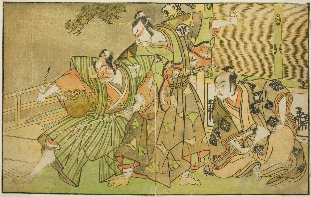 Skuespillerne Ichikawa Komazo II som Minamoto no Yorimasa (til højre), Matsumoto Koshiro II som Osada no Taro Kagemune Forklædt som Yatsurugi Zaemon (i midten), og Ichikawa Danzo III som I no Hayata Tadazumi (til venstre), I stykket Nue no Mori Ichiyo no M af Katsukawa Shunsho