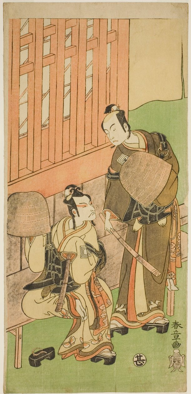 Skuespillerne Ichikawa Komazo II som Soga no Juro Sukenari (til højre) og Ichikawa Danjuro V som Soga no Goro Tokimune (til venstre), i Komuso Attires, i stykket Sakaicho Soga Nendaiki, opført på Nakamura Theatre i den første måned, 1771 af Katsukawa Shunsho