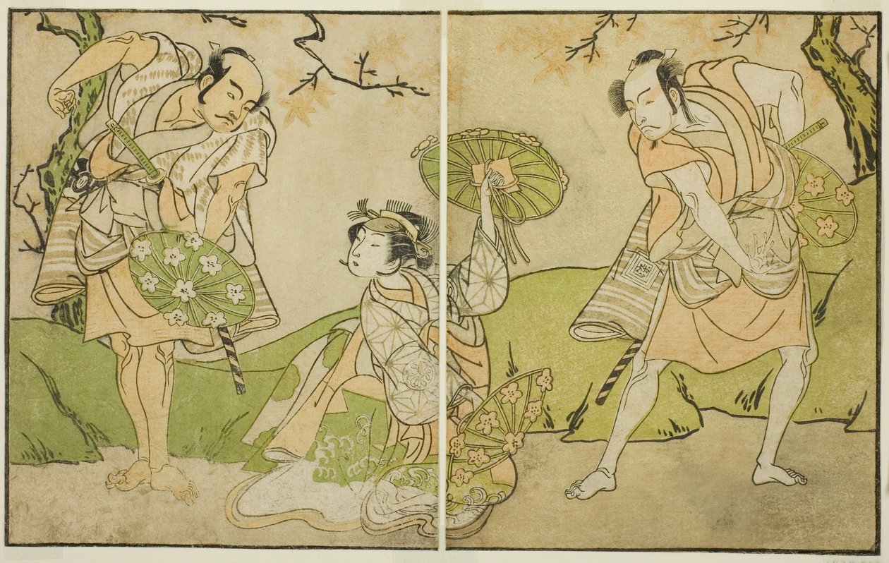 Skuespillerne Ichikawa Somegoro (til højre), Segawa Kikunojo II (i midten) og Bando Sampachi (til venstre), i uidentificerede roller i stykket Myoto-giku Izu no Kisewata, opført på Ichimura Theatre i den ellevte måned, 1770 af Katsukawa Shunsho
