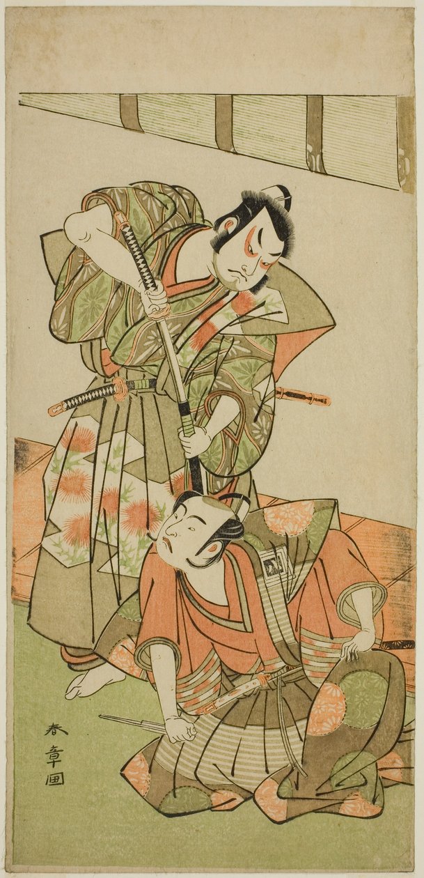 Skuespillerne Ichikawa Yaozo II som Konoshita Hyokichi (?) (til højre), og Sakata Hangoro II som Matsunaga Daizen Hisahide (?) (til venstre), i skuespillet Gion Sairei Shinko Ki (?), opført på Ichimura Theatre (?) i den femte måned, 1775 (?) af Katsukawa Shunsho