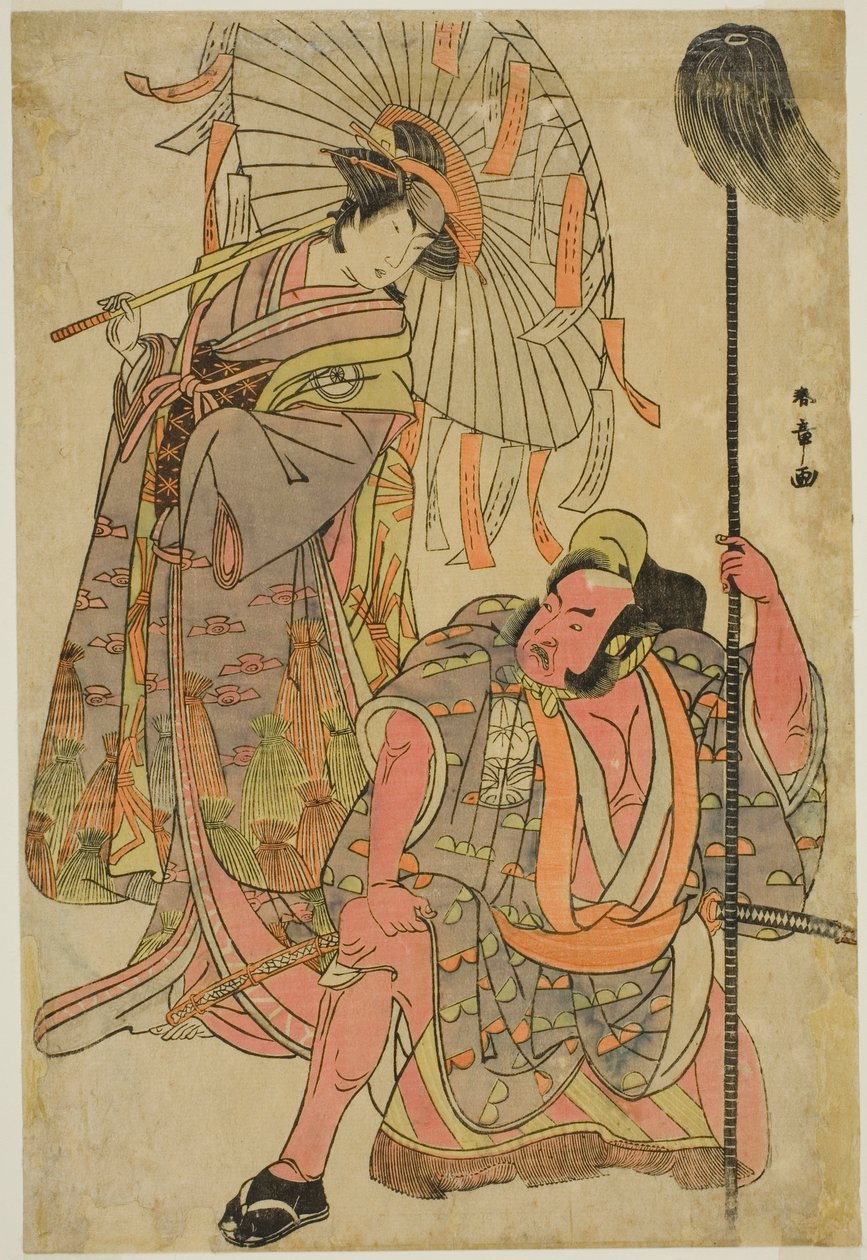 Skuespillerne Ichimura Uzaemon IX som Hata no Daizen Taketora forklædt som Yakko Matahei (til højre), og Iwai Hanshiro IV som Umegae forklædt som Poem-Diviner Omatsu (venstre), i stykket Mukashi Otoko Yuki no Hinagata, opført på Ichimura Theatre i t af Katsukawa Shunsho