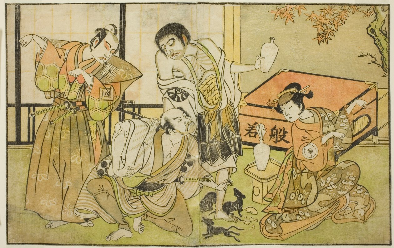 Skuespillerne Iwai Hanshiro IV som Otatsu-gitsune, Nakamura Nakazo I som Raigo Ajari, Sakata Tojuro III som Kamada Gon-no-kami Masayori og Ichikawa Yaozo II som Sakon-gitsune (højre mod venstre) i stykket "Nue no Mori" Ichiyo no Mato," optrådte på Nakamura af Katsukawa Shunsho