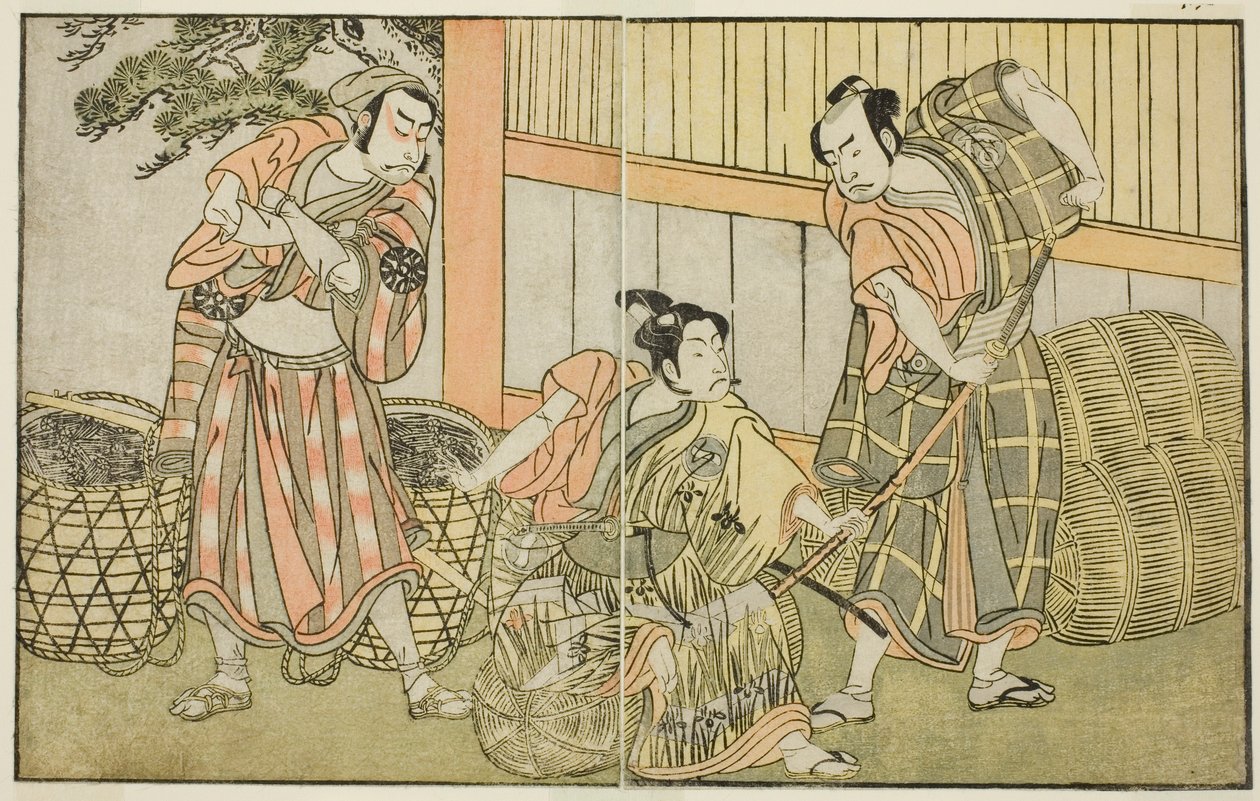 Skuespillerne Kasaya Matakuro II som Hagun Taro (til højre), Ichikawa Monnosuke II som Izutsu no Suke Narihira (i midten) og Nakamura Nakazo I som Kose no Kanaoka Forklædt som Trækulsmageren Sogoro, i stykket Kuni no Hana Ono no Itsumoji, opført ved Naka af Katsukawa Shunsho