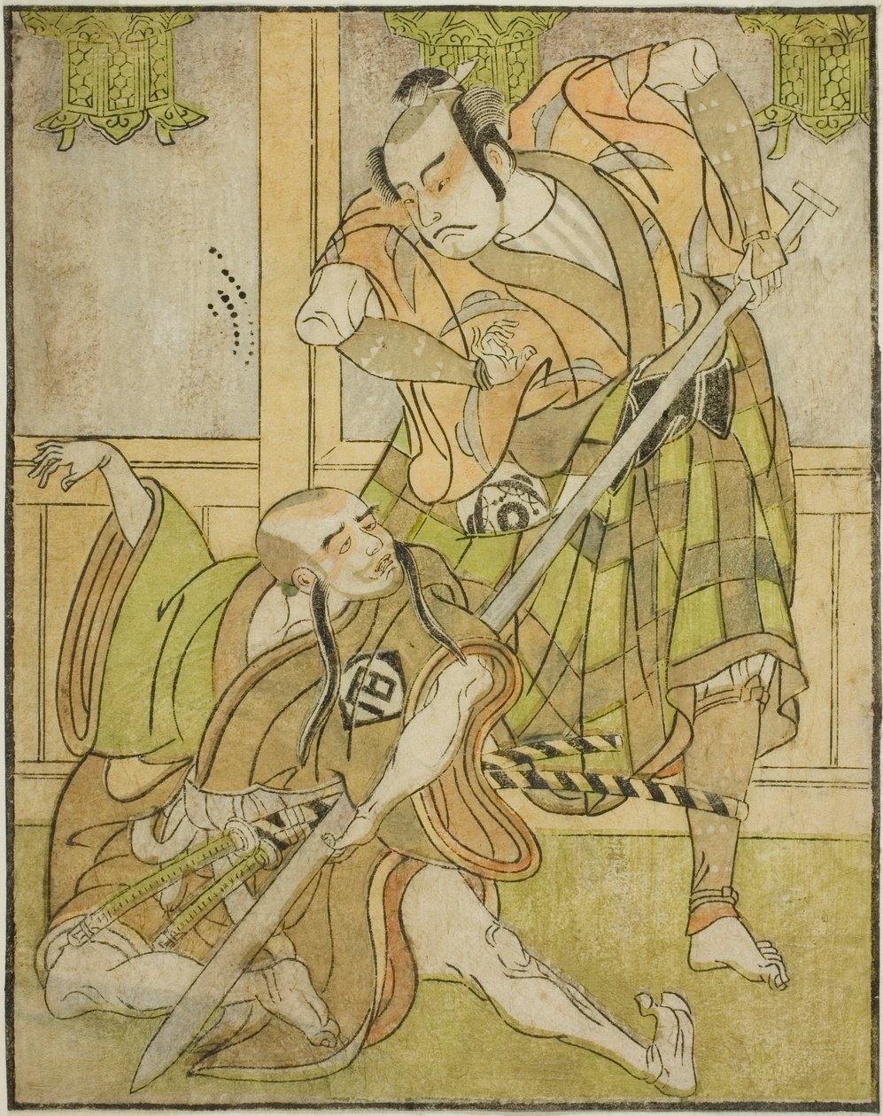 Kasaya Matakuro II som Nobuyori forklædt som Yakko Gunnai (til højre), og Miyazaki Hachizo som lægmunk Hambyo Nyudo (til venstre), i stykket Nue no Mori Ichiyo no Mato, opført på Nakamura Theatre i den ellevte måned, af Katsukawa Shunsho