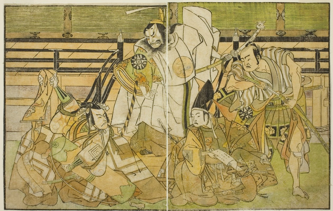 Skuespillerne Nakamura Denkuro II som Seno-o Taro, Ichikawa Komazo II som Yorimasa, Nakamura Nakazo I som Taira no Kiyomori og Ichikawa Danjuro V som Kiou Takiguchi (højre mod venstre), i Play Nue no Mori Ichiyo no Mato, opført kl. Nakamura Teatret i th af Katsukawa Shunsho