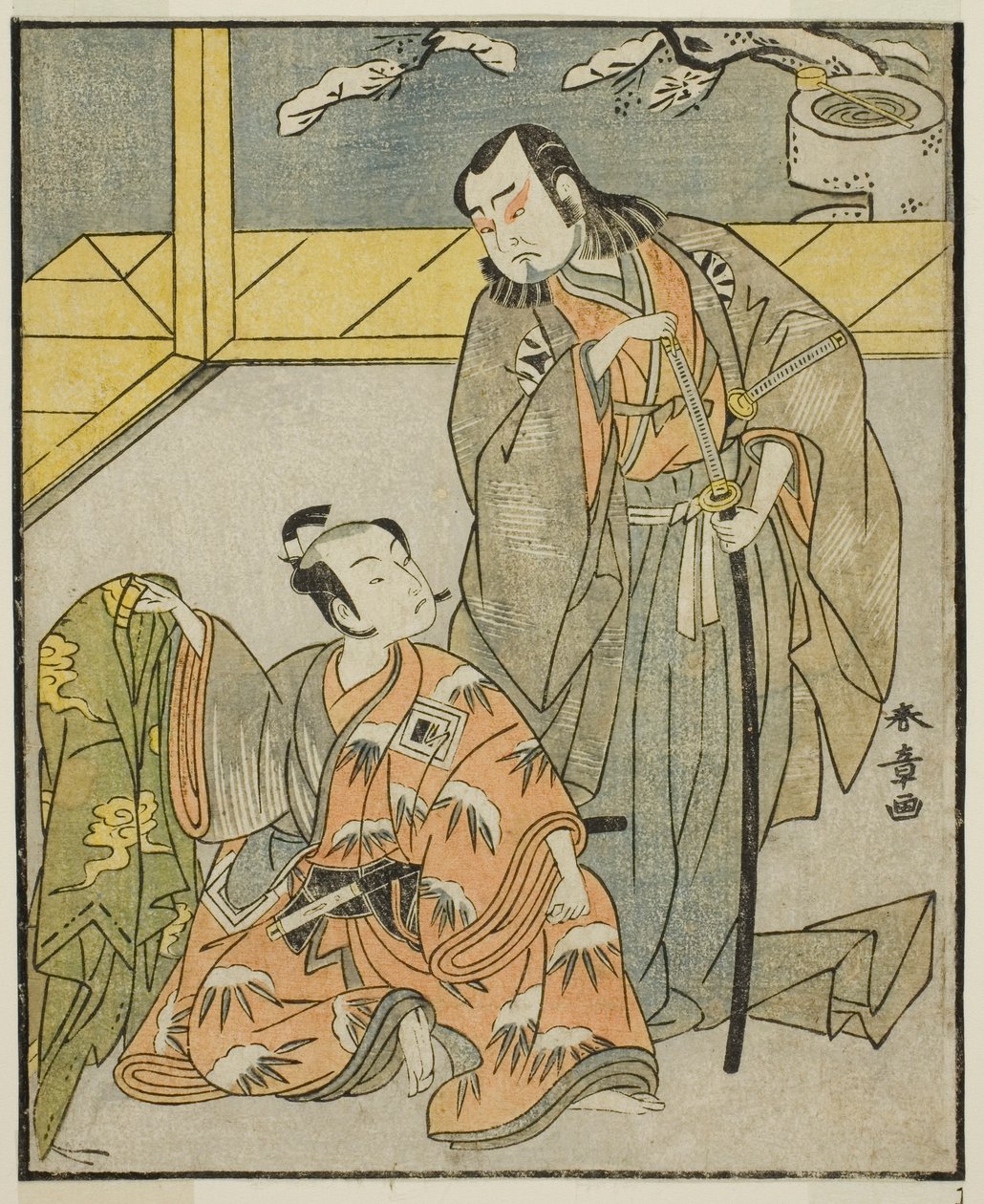 Skuespillerne Nakamura Denkuro II som Suma no Dairyo (til højre) og Ichikawa Komazo II som Ariwara no Yukihira (venstre), i skuespillet Kuni no Hana Ono no Itsumoji, opført på Nakamura Theatre i den ellevte måned, 1771 af Katsukawa Shunsho