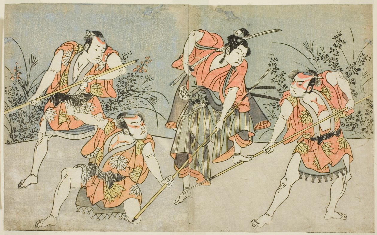 Skuespillerne Nakamura Kashiwagi som en Wakashu (anden fra højre) og tre uidentificerede skuespillere som Yakko af Katsukawa Shunsho