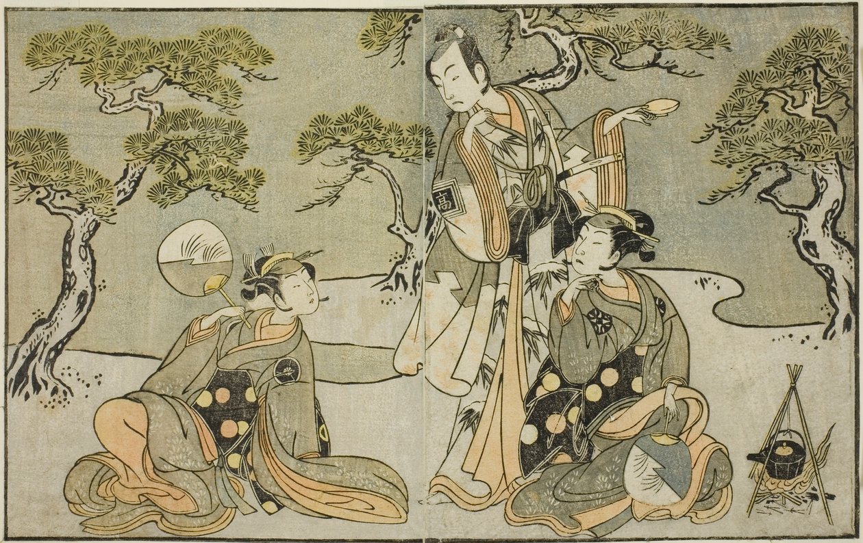 Skuespillerne Nakamura Nakazo I som Matsukaze (til højre), Ichikawa Komazo II som Ariwara no Yukihira (i midten) og Iwai Hanshiro IV som Murasame (til venstre), i skuespillet Kuni no Hana Ono no Itsumoji, opført på Nakamura Theatre i det ellevte Måned, 177 af Katsukawa Shunsho