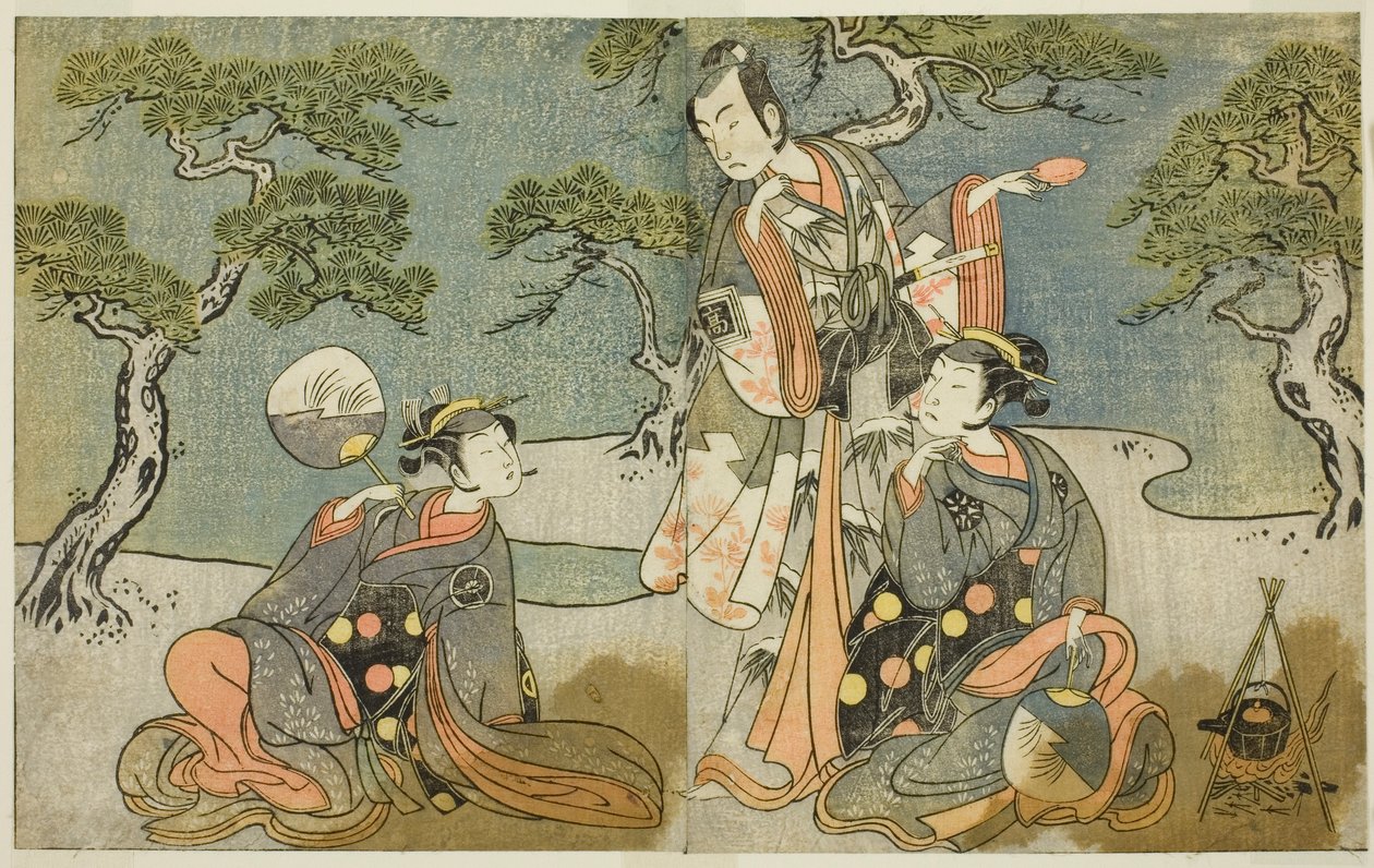 Skuespillerne Nakamura Nakazo I som Matsukaze (til højre), Ichikawa Komazo II som Ariwara no Yukihira (i midten) og Iwai Hanshiro IV som Murasame (til venstre), i skuespillet Kuni no Hana Ono no Itsumoji, opført på Nakamura Theatre i det ellevte Måned, 177 af Katsukawa Shunsho