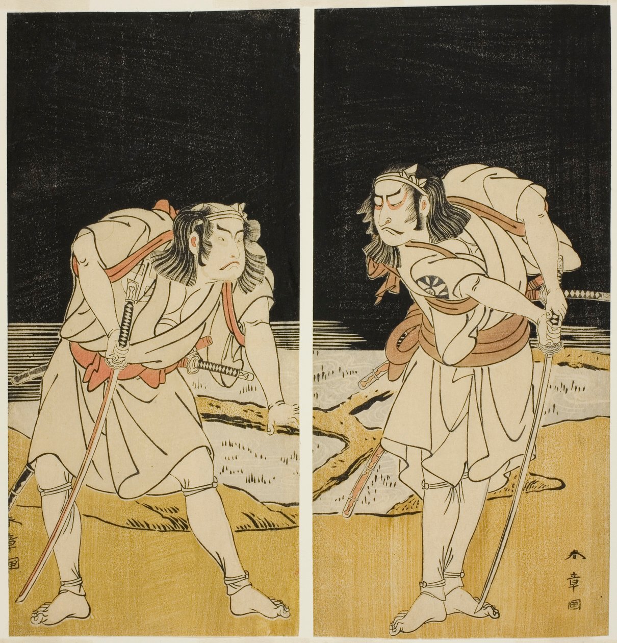 Skuespillerne Nakamura Nakazo I som Omi no Kotoda (til højre) og Otani Hiroji III som Bamba no Chuda (venstre) i Joruri "Sono Chidori Yowa no Kamisuki" (The Plovers: Combing Hair at Midnight), fra anden del af filmen Spil O-atsurae-zome Soga no Hinagata (A af Katsukawa Shunsho