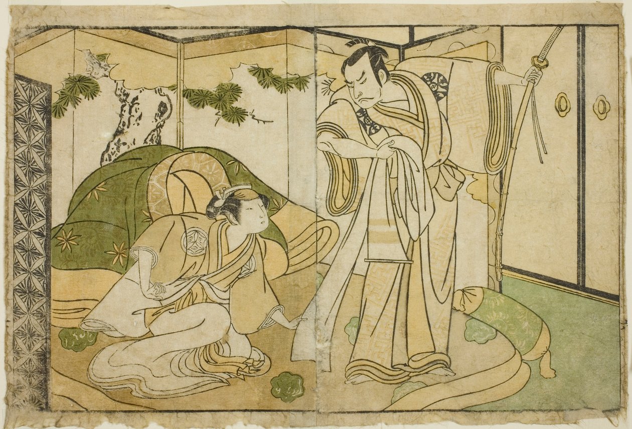 Skuespillerne Nakamura Nakazo I som Taira no Kiyomori (til højre) og Yamashita Kinsaku II som Tokiwa Gozen (til venstre), i Play Nue no Mori Ichiyo no Mato, opført på Nakamura Theatre i den ellevte måned, 1770 af Katsukawa Shunsho