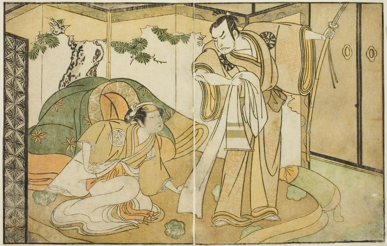 Skuespillerne Nakamura Nakazo I som Taira no Kiyomori (til højre) og Yamashita Kinsaku II som Tokiwa Gozen (til venstre), i Play Nue no Mori Ichiyo no Mato, opført på Nakamura Theatre i den ellevte måned, 1770 af Katsukawa Shunsho