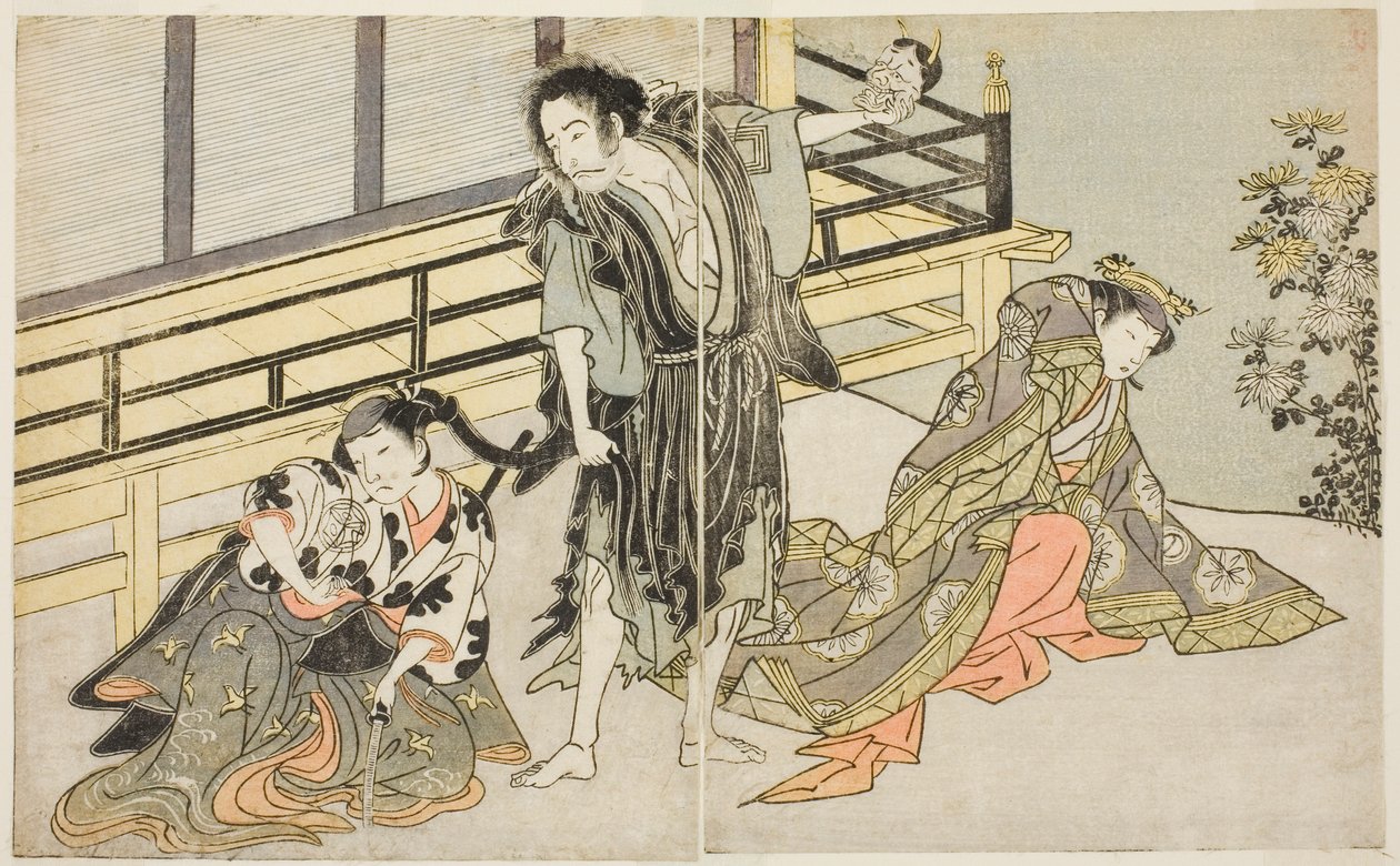 Skuespillerne Nakamura Noshio I som Nyosan no Miya (til højre), Ichikawa Danjuro V som Renegade Monk Yochin (i midten) og Yamashita Kinsaku II som Maid Mutsuhana (venstre), i stykket Fuki Kaete Tsukimo Yoshiwara, opført på Morita Theatre i de elleve af Katsukawa Shunsho