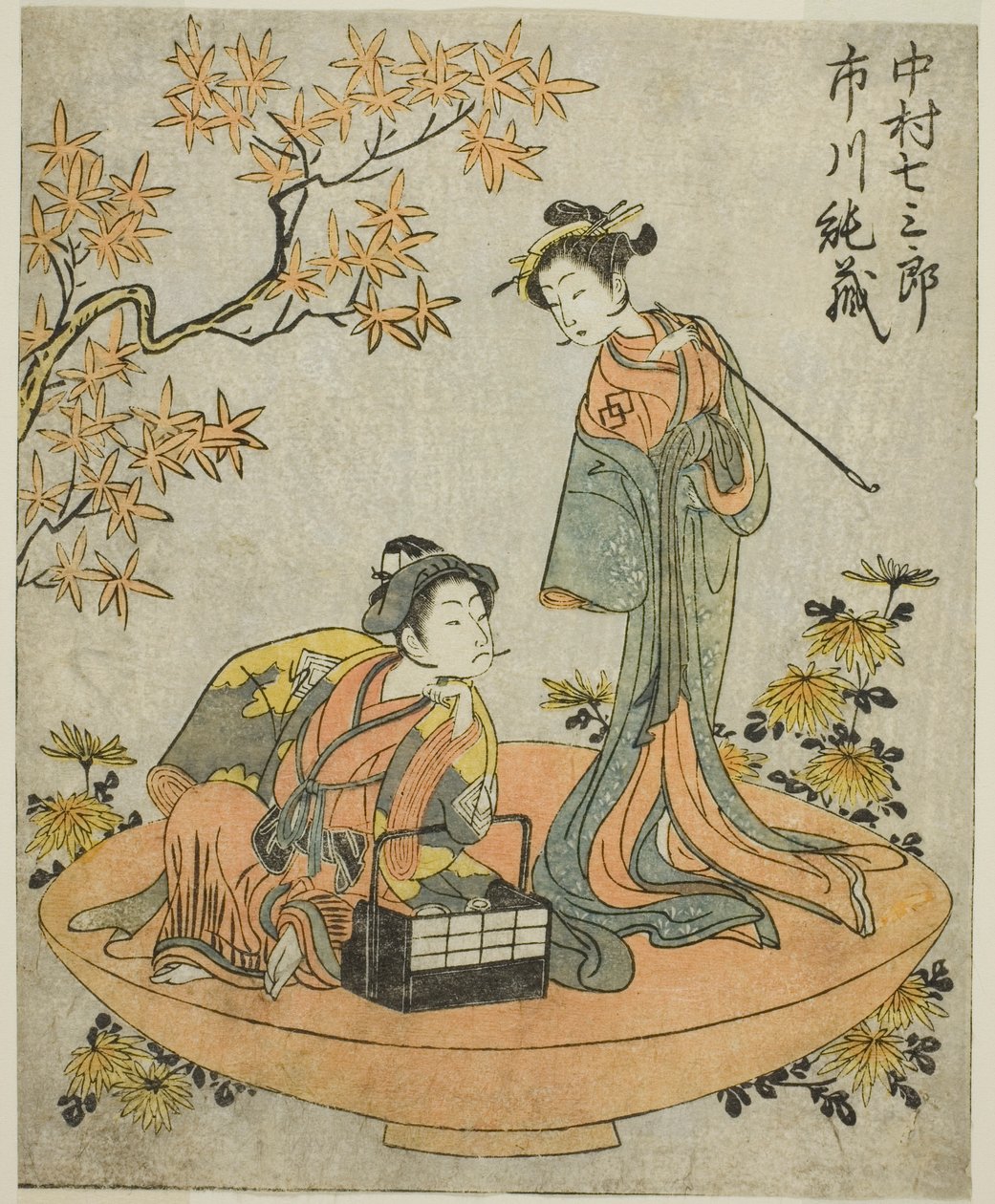 Skuespillerne Nakamura Shichisaburo III (til højre) og Ichikawa Junzo I (til venstre), i Play Nue no Mori Ichiyo no Mato, opført på Nakamura Theatre i den ellevte måned, 1770 af Katsukawa Shunsho