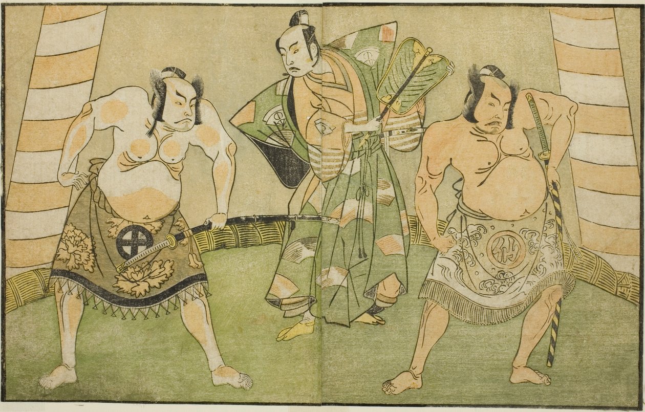Skuespillerne Nakamura Sukegoro II som Matano no Goro (til højre), Onoe Kikugoro I som Soga no Taro (i midten) og Otani Hiroji III som Kawazu no Saburo (til venstre), i stykket Myoto-giku Izu no Kisewata, opført på Ichimura Teater i den ellevte måned, 1770 af Katsukawa Shunsho