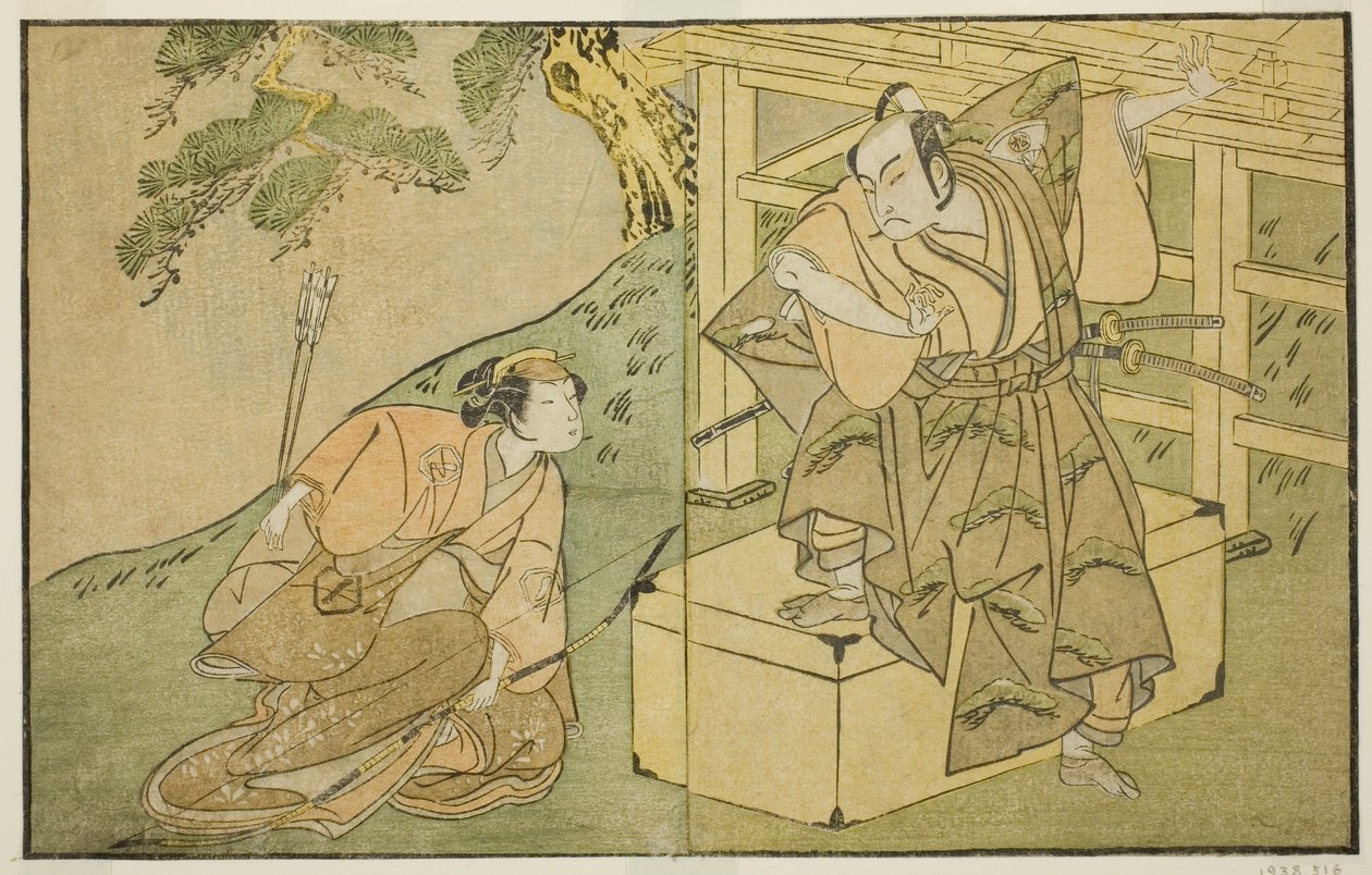 Skuespillerne Onoe Matsusuke I som Akaboshi Taro (til højre) og Azuma Tozo II som Shirotae (venstre), i skuespillet Kono Hana Yotsugi no Hachi no Ki, opført på Ichimura Theatre i den ellevte måned, 1771 af Katsukawa Shunsho