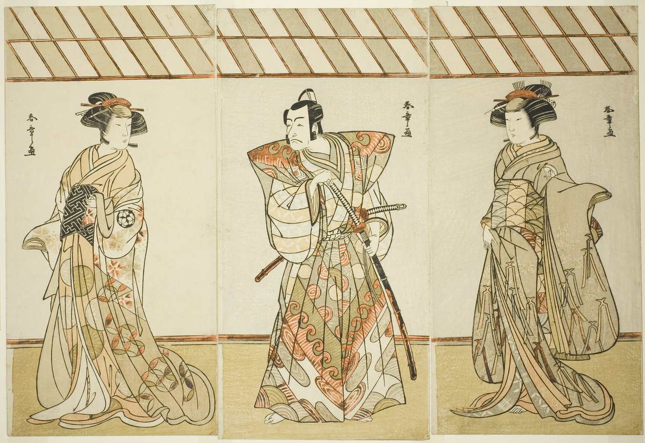 Skuespillerne Onoe Tamizo I som Nishikigi (?) eller Otae (?) (til højre), Ichikawa Danjuro V som Miura Heidayu Kunitae (?) (i midten), og Osagawa Tsuneyo II som Oyuki (?) (venstre), i Play Date Nishiki Tsui no Yumitori (?), opført på Morita Theatre (?) i E af Katsukawa Shunsho