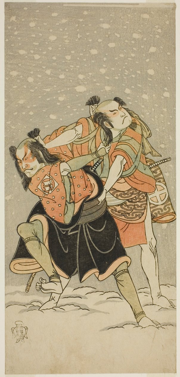 Skuespillerne Otani Hiroji III som Kameo (til højre) og Sakata Sajuro I som Ario (til venstre), i stykket Hime Komatsu Ne no Hi Asobi, opført på Ichimura Theatre i den niende måned, 1768 af Katsukawa Shunsho