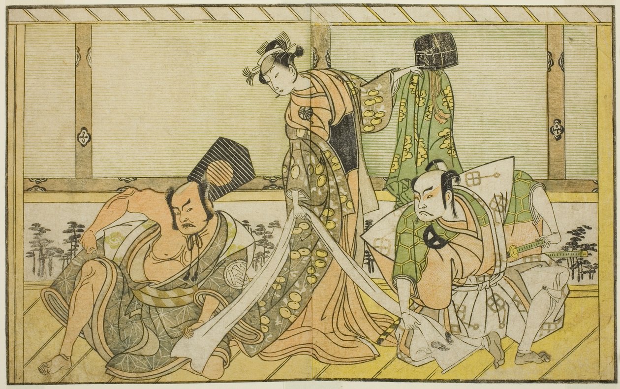 Skuespillerne Otani Hiroji III som Kawazu no Saburo (til højre), Segawa Kikunojo II som prinsesse Tatsu (Tatsu Hime) (i midten), og Nakamura Sukegoro II som Matano no Goro (til venstre), i stykket Myoto-giku Izu no Kisewata, opført på Ichimura-teatret i de af Katsukawa Shunsho