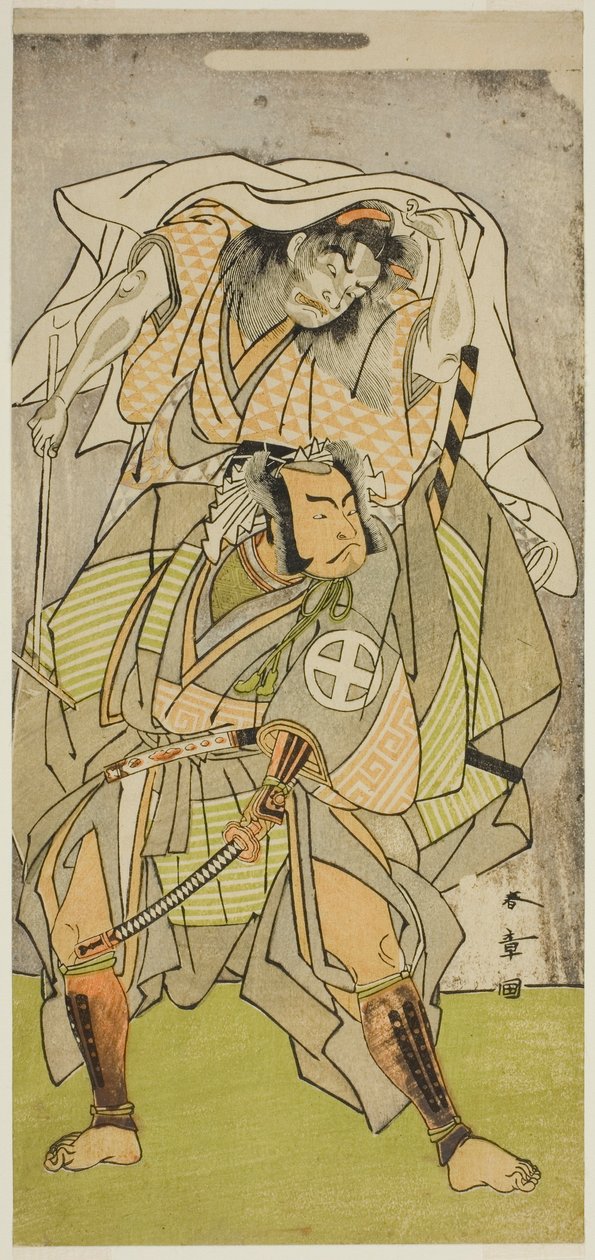 Skuespillerne Otani Hiroji III som Koga Saburo og Ichimura Uzaemon IX som Djævelen fra Kogakeyama, ånden fra Wakasa no Zenji Yasumura, i stykket Kono Hana Yotsugi no Hachi no Ki, opført på Ichimura Theatre i den ellevte måned, 1771 af Katsukawa Shunsho