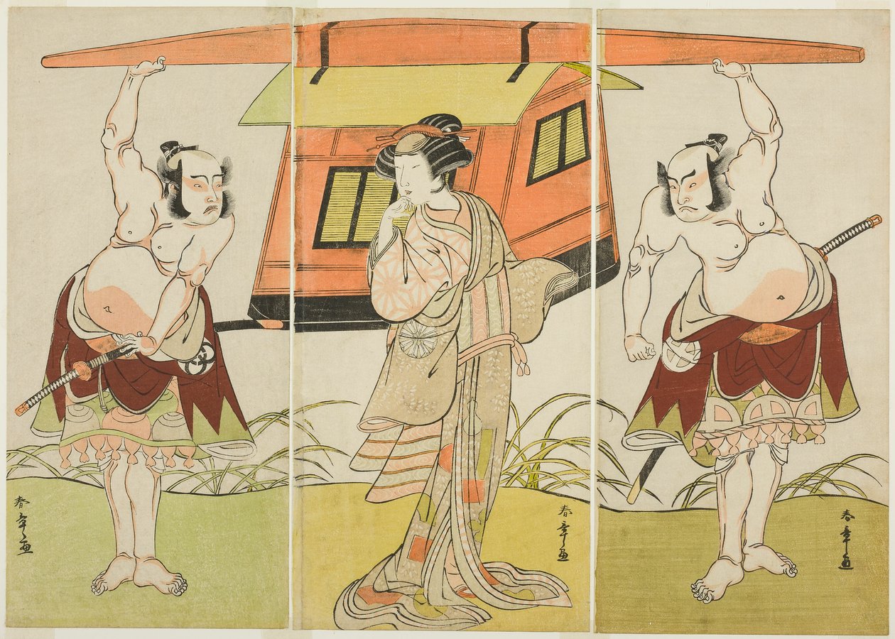 Skuespillerne Otani Hiroji III som Yokambei (til højre), Nakamura Tomijuro I som Kuzunoha (i midten) og Bando Mitsugoro I som Yakambei (til venstre), i den sidste scene fra stykket Shinodazuma (Konen fra Shinoda-skoven), opført som et supplement til Play K af Katsukawa Shunsho