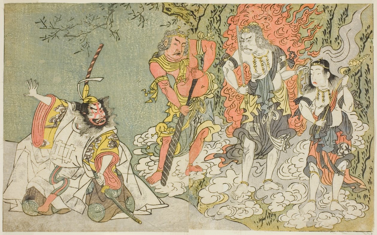 Skuespillerne Sawamura Kijuro I som Ikazuchi Shinno, Prince of Thunder (yderst til venstre), Ichikawa Danjuro V som den buddhistiske guddom Fudo (anden fra venstre), Nakamura Sukegoro II som Seitaka Doji (anden fra højre), og Bando Mitsugoro I som Kongara  af Katsukawa Shunsho