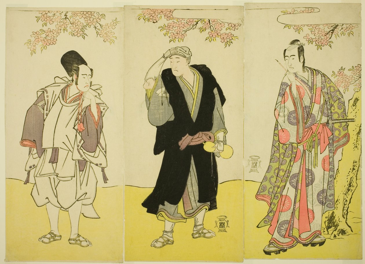 Skuespillerne Sawamura Sojuro III som Kusunoki Tatewaki Masatsura (til højre), Onoe Matsusuke I som munken Sahei Bozu (i midten) og Ichikawa Yaozo III som prinsens tjener Kusunoki Uraminosuke (til venstre) i stykket Kumoi no Hana Yoshino no Wakamusha, der  af Katsukawa Shunsho