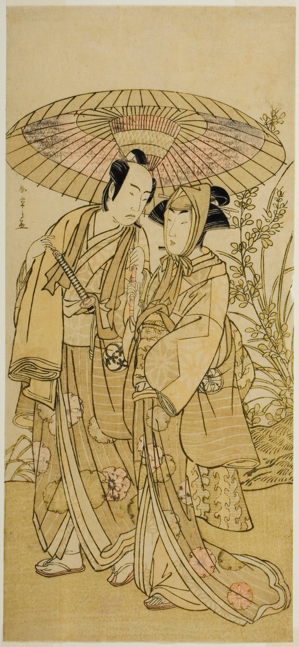 Skuespillerne Segawa Kikunojo III (til højre) som Ochiyo, og Bando Mitsugoro I (til venstre) som grønthandleren Hambei, i skuespillet Kabuki no Hana Bandai Soga, opført på Ichimura Theatre i den fjerde måned, 1781 af Katsukawa Shunsho