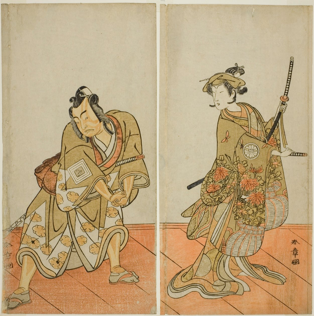 The Actors Segawa Kikunojo III as Aigo no Waka (right), and Ichikawa Yaozo II as Hachio-maru Aratora (left), in the Play Chigo Sakura Jusan Kane, Performed at the Ichimura Theater in the Eleventh Month, 1774 af Katsukawa Shunsho