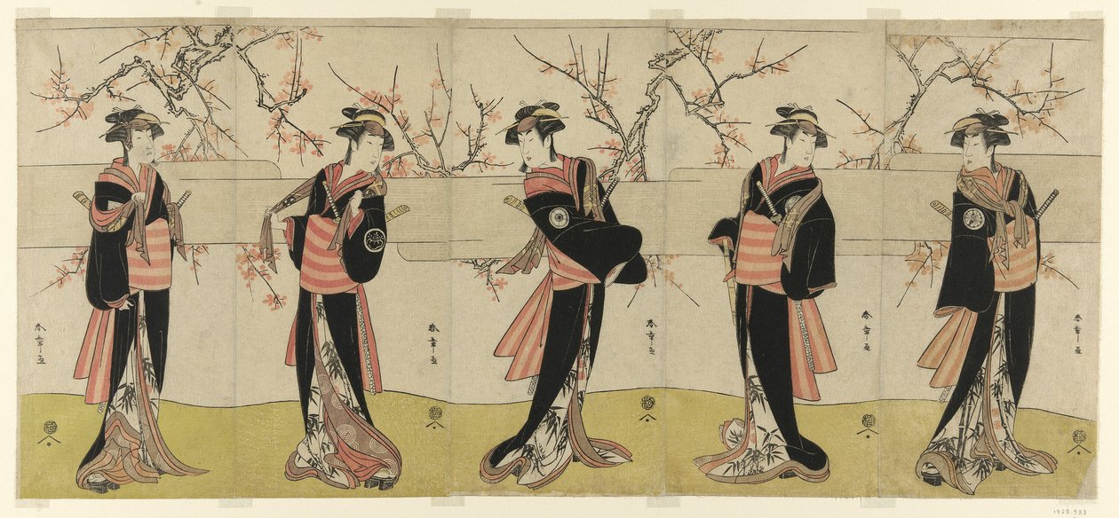 Skuespillerne Segawa Kikunojo III som Karigane Obun, Nakayama Tomisaburo I som An no Oyasu, Iwai Kiyotaro II som Kaminari no Osha, Nakayama Tatezo I som Gokuin no Osen og Ichikawa Monnosuke II som Hotei no Oichi (højre mod venstre) i "Gonin" Onna," Scene O af Katsukawa Shunsho