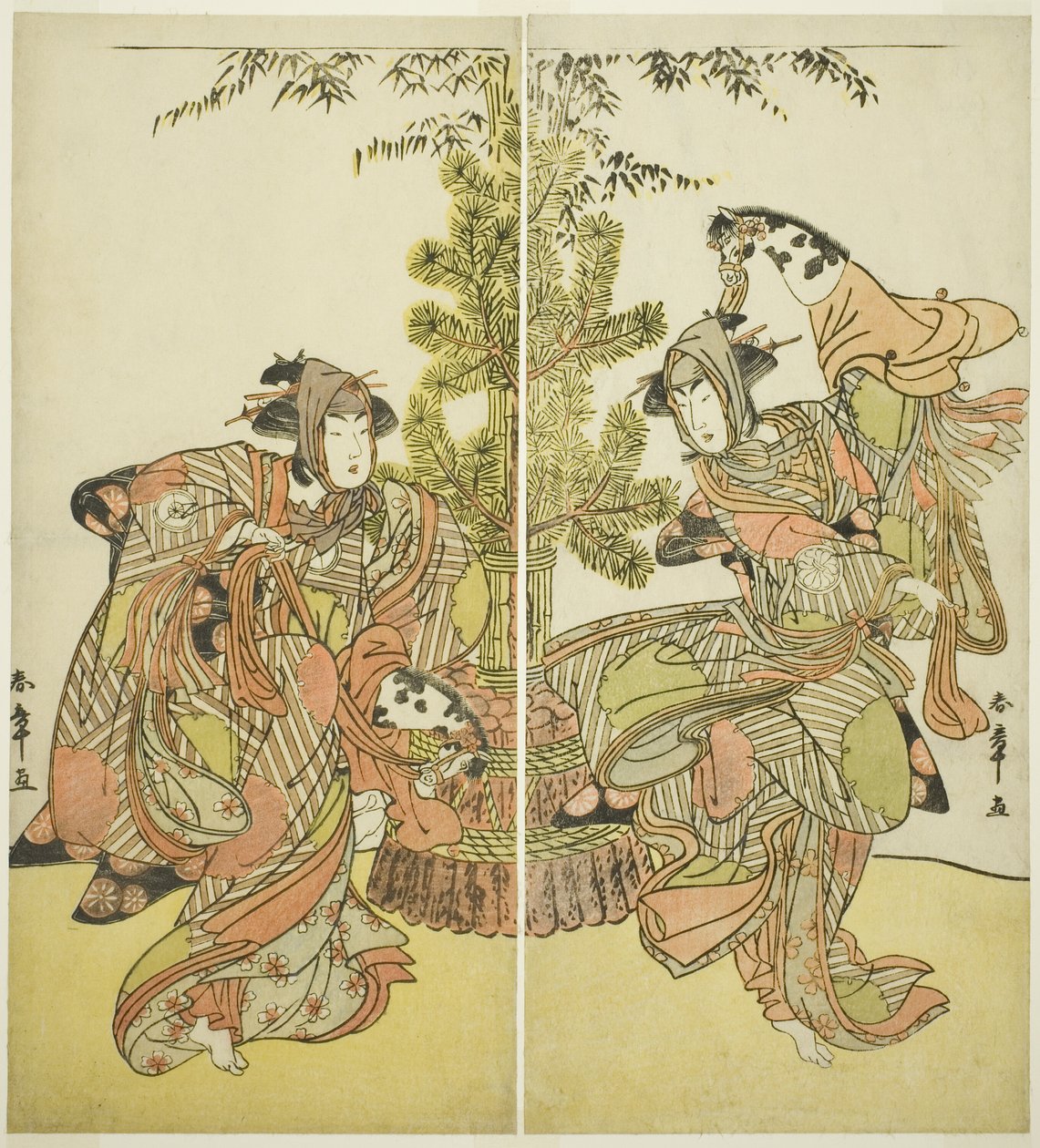 Skuespillerne Segawa Kikunojo III som Yasukata (til højre) og Iwai Hanshiro IV som Utou (til venstre) i skuespillet Godai Genji Mitsugi no Furisode, opført på Nakamura Theatre i den ellevte måned, 1782 af Katsukawa Shunsho