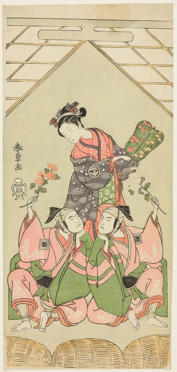 Skuespillerne Segawa Kikunojo II som den våde sygeplejerske Reizei, Ichikawa Komazo I som Suruga no Hachiro i skikkelse af Shamisen Player Kichiroku (til højre), og Ichikawa Yaozo II som Tada no Kurando i skikkelse af Palanquin-bæreren Kichinai (til venstr af Katsukawa Shunsho