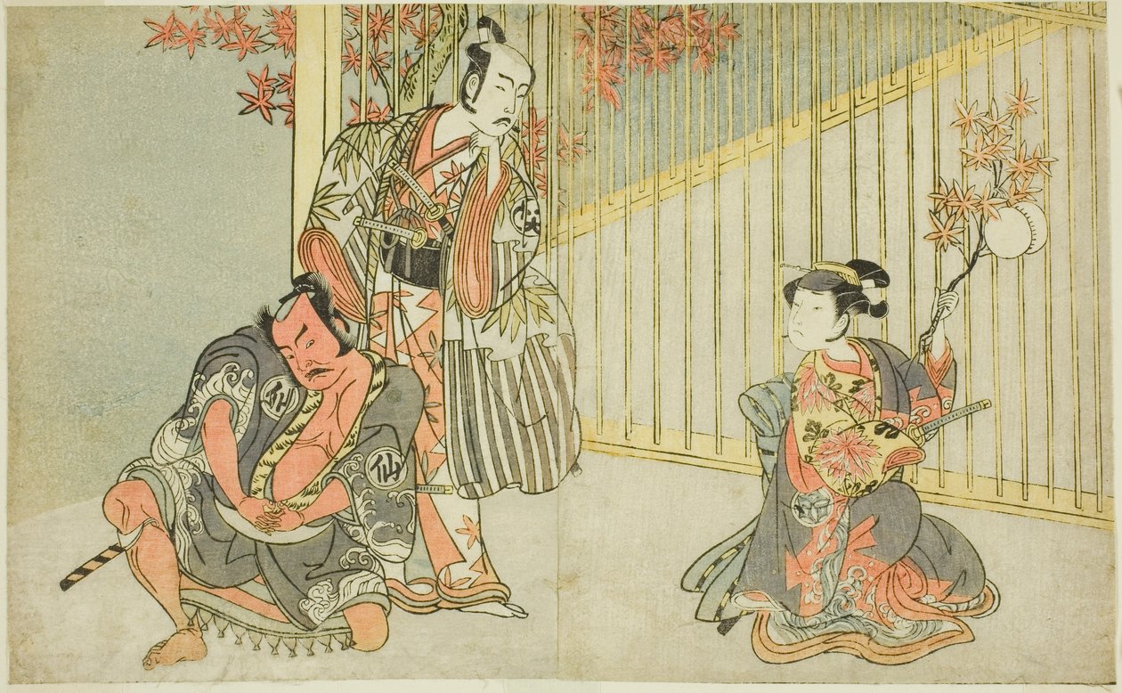 Skuespillerne Yamashita Kinsaku II som Mutsuhana (til højre), Bando Mitsugoro I som Kashiwagi no Emon (i midten) og Nakamura Sukegoro II som Akamatsu Mushanosuke (til venstre), i stykket Fuki Kaete Tsukimo Yoshiwara (Rethatched Roof: The Moon also Shines O af Katsukawa Shunsho