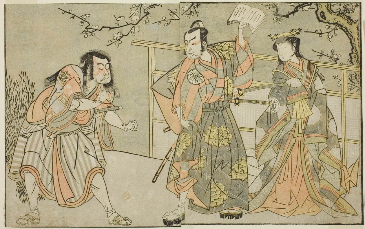 Skuespillerne Yamashita Yaozo I som Ono no Komachi (til højre), Matsumoto Koshiro II som Godai Saburo (i midten), og Ichikawa Danzo III som Otomo no Kuronushi (til venstre), i stykket "Kuni no Hana Ono no Itsumoji", opført på Nakamura Teater i den ellevte  af Katsukawa Shunsho