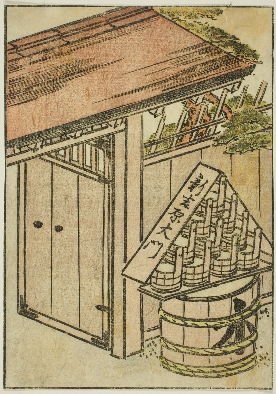 The Gate of the New Yoshiwara, frontispice fra tredje bind af "Mirror of Beautiful Women of the Pleasure Quarters (Seiro bijin awase sugata kagami)" af Katsukawa Shunsho