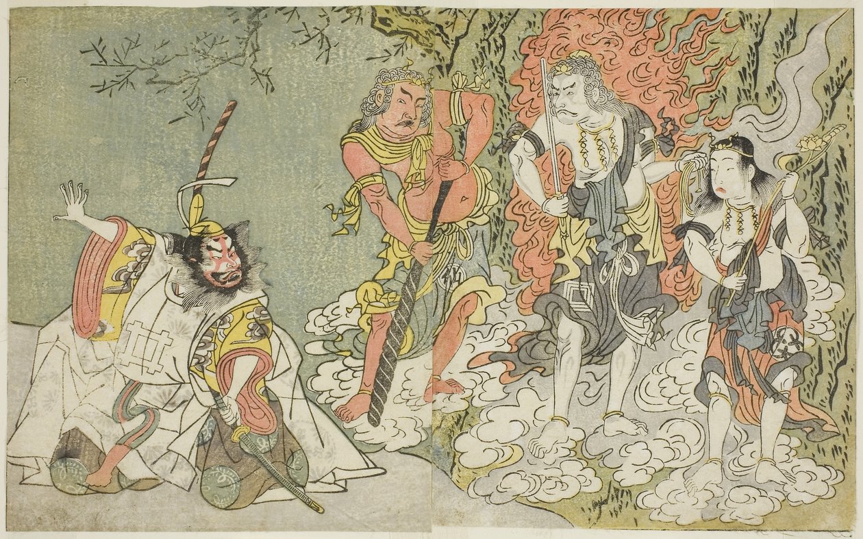 Stykket Fuki Kaete Tsuki mo Yoshiwara (Rethatched Roof: The Moon also Shines Over the Yoshiwara Pleasure District), opført på Morita-teatret i den ellevte måned, ca. 1771-72 (træsnit) af Katsukawa Shunsho